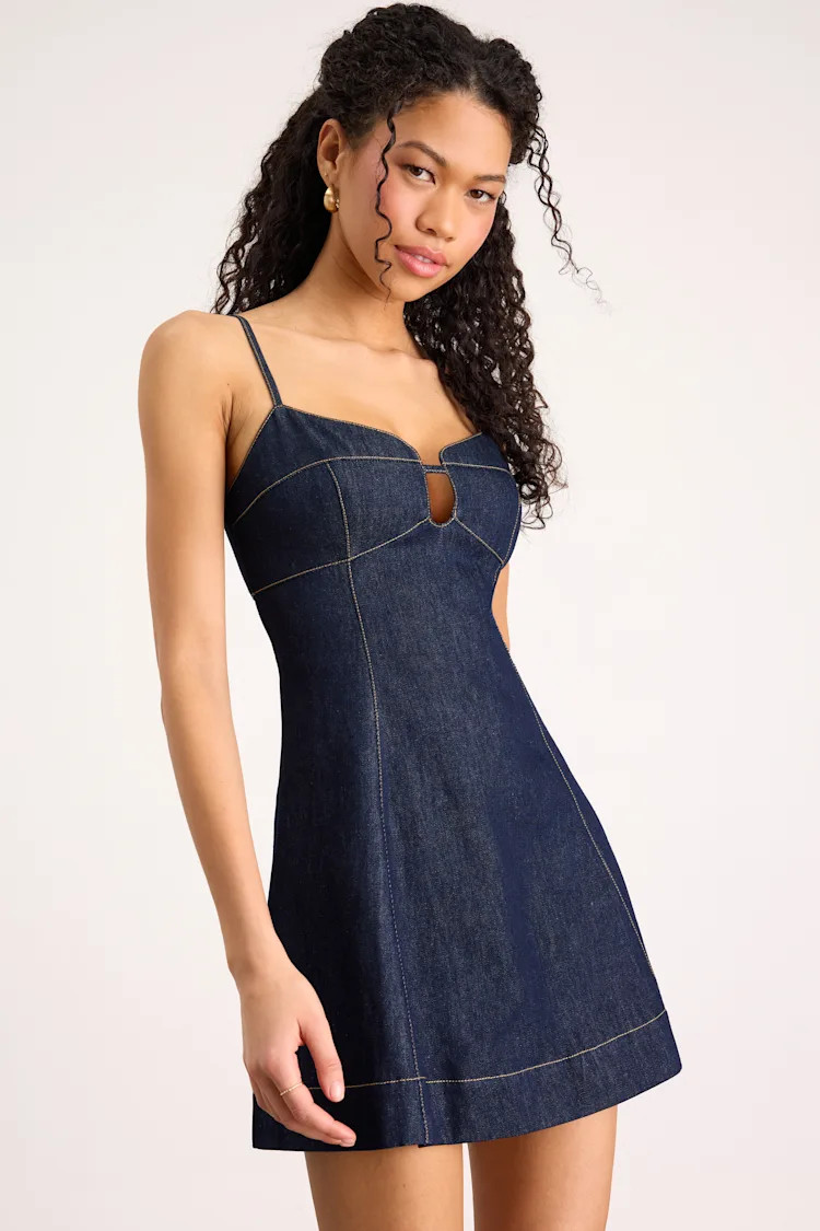 Faida Dark Wash Denim Skater Mini Dress | Lulus