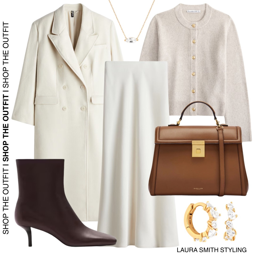 A tailored white outfit for winter 🌨️

Including oversized white tailored coat button up knit cardigan, white silk slip skirt, brown handbag, brown heeled boots, gold diamond necklace, pave huggie earrings. 

#LTKwinter #LTKuk #LTKstyletip