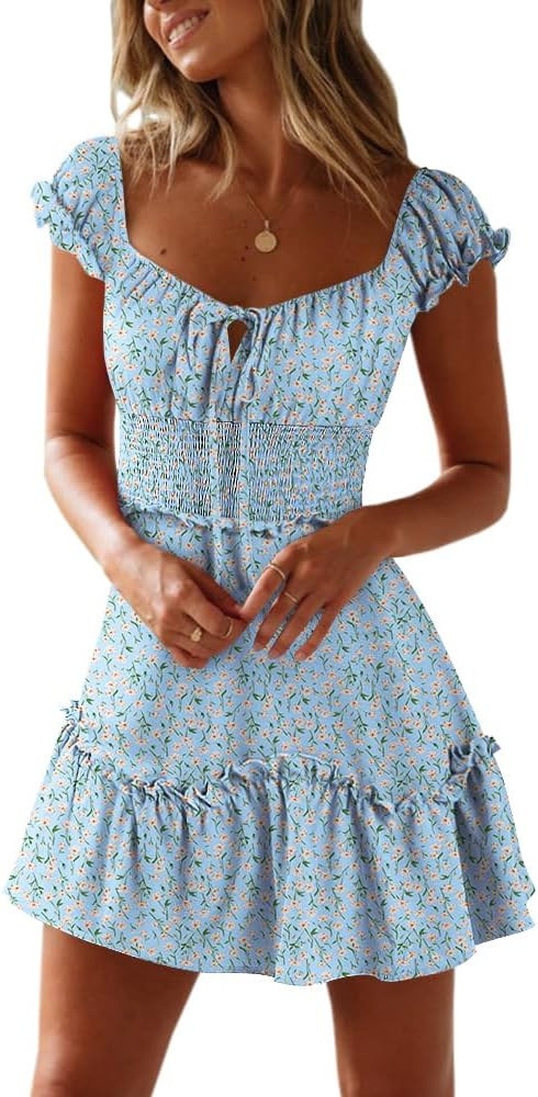 YOBECHO Womens Summer Sweetheart Neckline Printed Ruffle Boho Smocked Mini Dress | Amazon (US)