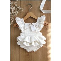 Crochet Baby Girl Romper White Ruffle Organic Cotton Outfit | Etsy (US)