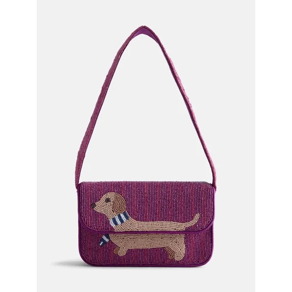 Free Assembly Women's Beaded Dachshund Flap Shoulder Bag, Maroon | Walmart (US)