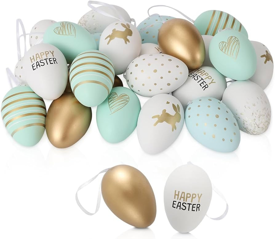 Ostereier 24 Stück I die Ostern Deko 2026 I (Weiß, Grün, Gold) 8 Designs I Hasen, Happy Easter... | Amazon (DE)
