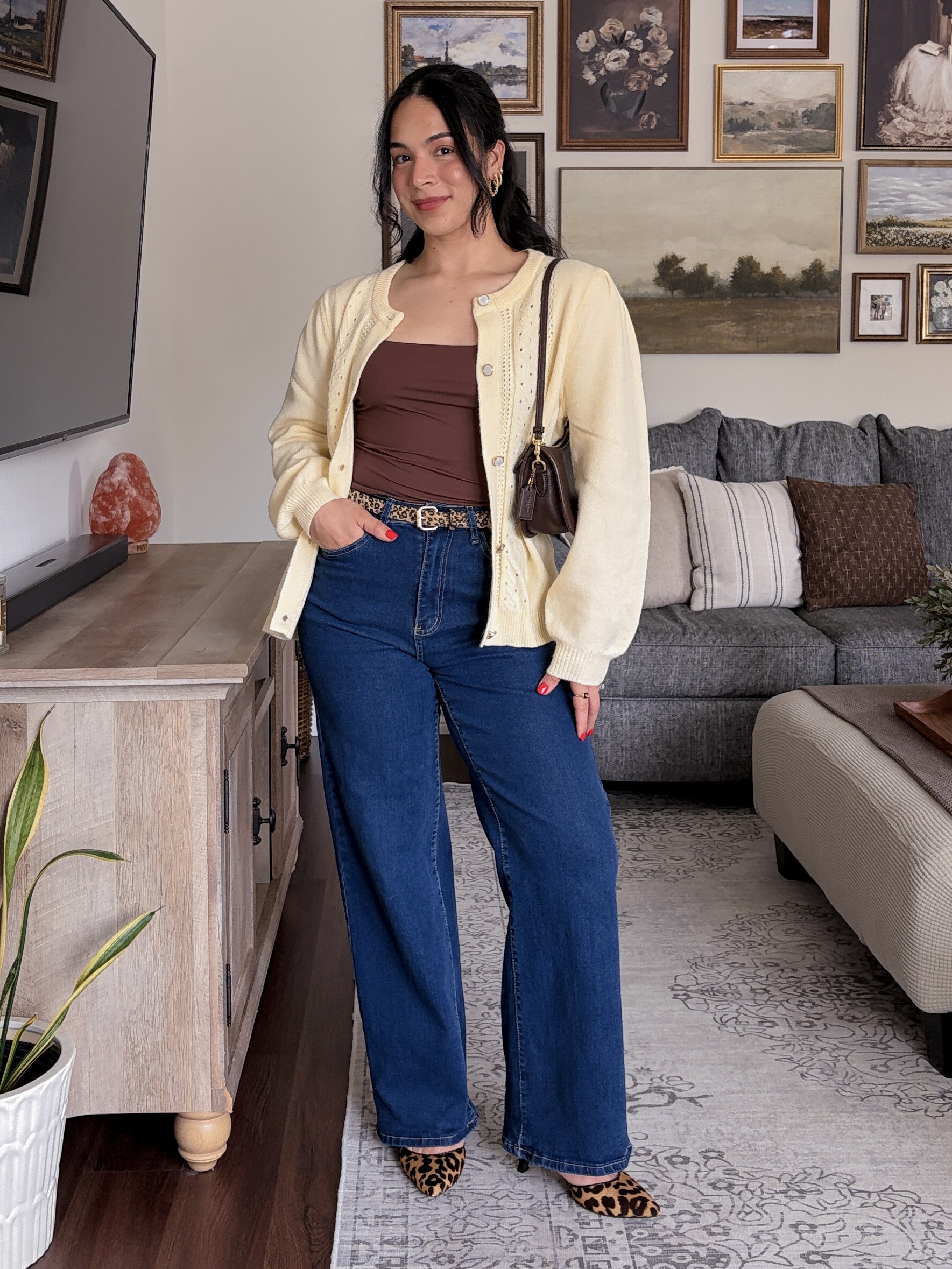 autumn attire 🤎 RIHOAS discount code: oza12RS ✨  butter yellow cardigan, cream cardigan, ivory cardigan, cream knit cardigan, button front cardigan, cropped cardigan, brown tank top, brown square neck top, fitted tank top, dark wash jeans, wide leg jeans, high waisted jeans, wide leg denim, dark wash wide leg jeans, jeans and cardigan outfit, cream and brown outfit, brown and blue outfit, leopard print belt, leopard print belt outfit, leopard print shoes, leopard print flats, leopard print heels, pointed toe flats, brown shoulder bag, brown crossbody bag, casual fall outfit, fall fashion, autumn outfit, transitional outfit, fall layering, everyday outfit, casual chic outfit, elevated casual outfit, classic outfit, feminine outfit, timeless style, preppy outfit, neutral outfit, western inspired outfit, western chic outfit, leopard print accessories, date night outfit, brunch outfit, weekend outfit, coffee date outfit, capsule wardrobe, fall wardrobe, cute fall outfits, effortless outfit, LTK fashion, LTK outfit, outfit inspiration  

 #LTKdayinmylife #LTKgrwm #LTKootd