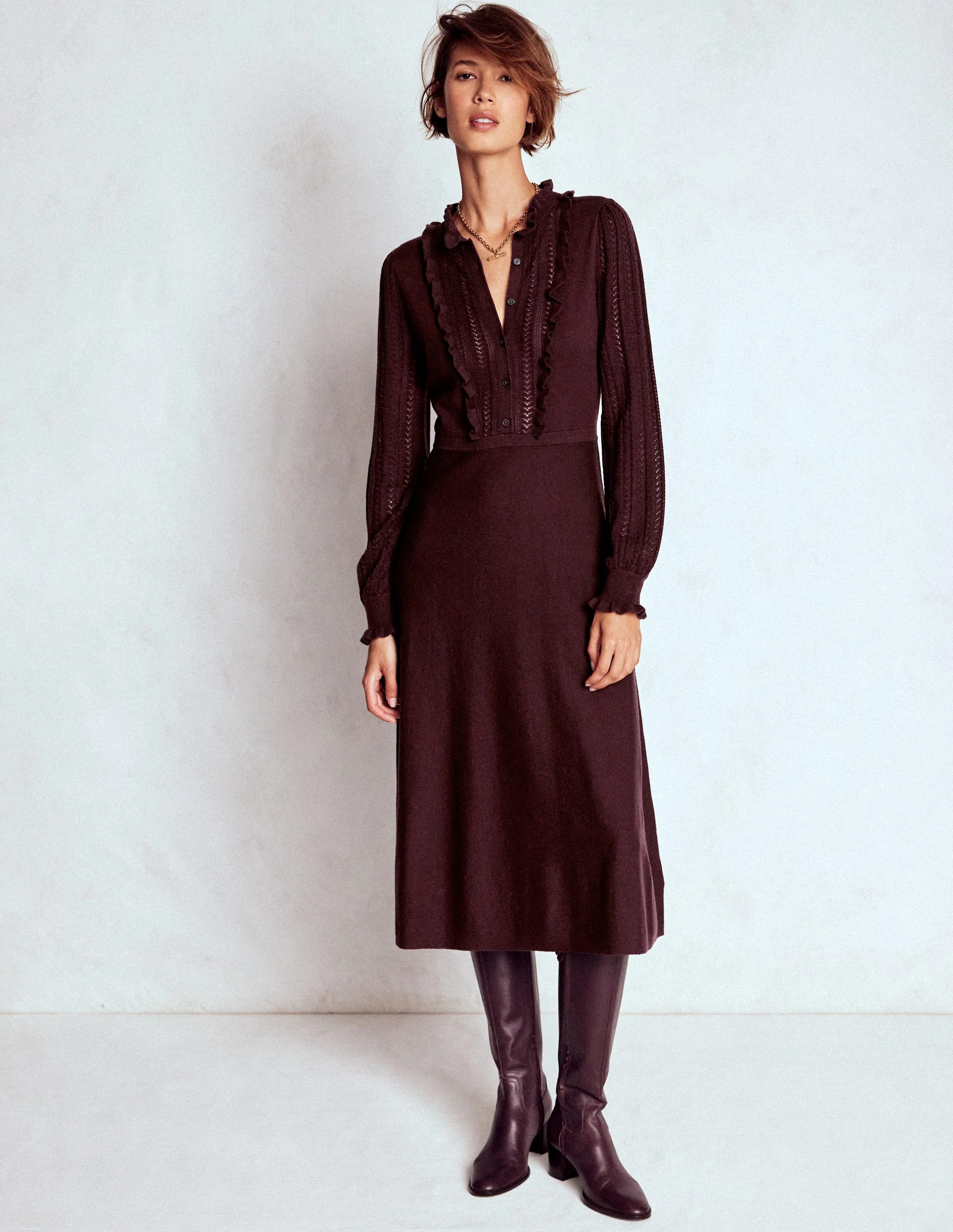 Winifred Frilled Knitted Dress-Coffee Bean | Boden (US)