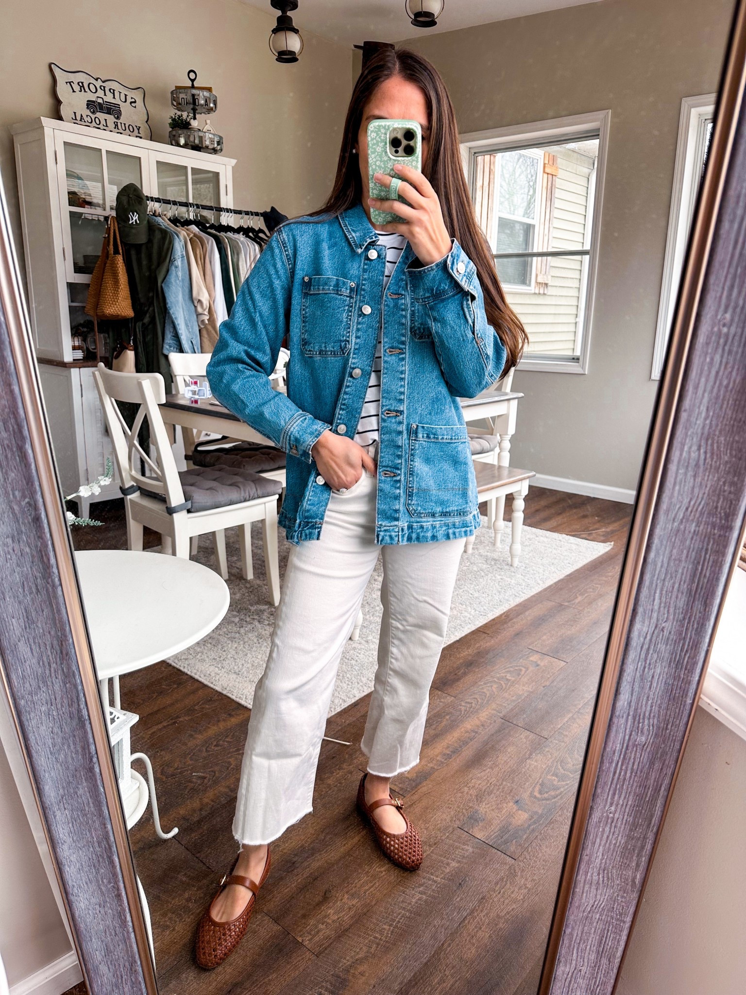 Denim look for less jacket back in stock! Sizes going fast. Wearing XS 
Pants tts short 
Shoes tts
Shirt XS 

#LTKStyleTip #LTKFindsUnder50 #LTKFindsUnder100