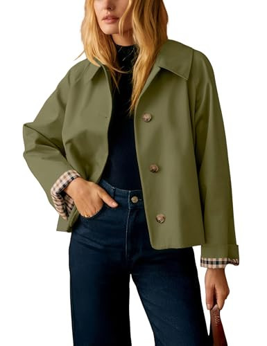 Dqbeng Womens Cropped Trench Coat Classic Collar Oversized Casual Jackets with Checkered Lining (Green-M) | Amazon (US)