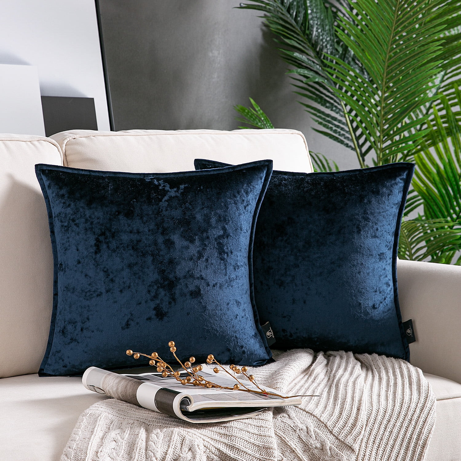 Phantoscope Shiny Crushed Velvet with Trim Series Decorative Throw Pillow, 18" x 18", Navy, 2 Pac... | Walmart (US)