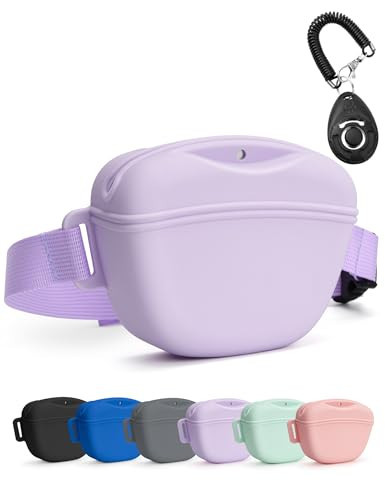heouvo Dog Treat Pouch with Training Clicker, Upgrade Stronger Magnetic Closure to Avoid Spilling, 1.67 Cup Silicone Treat Bag Fanny Pack with Waist Belt for Pet Training Walking (Violet) | Amazon (US)