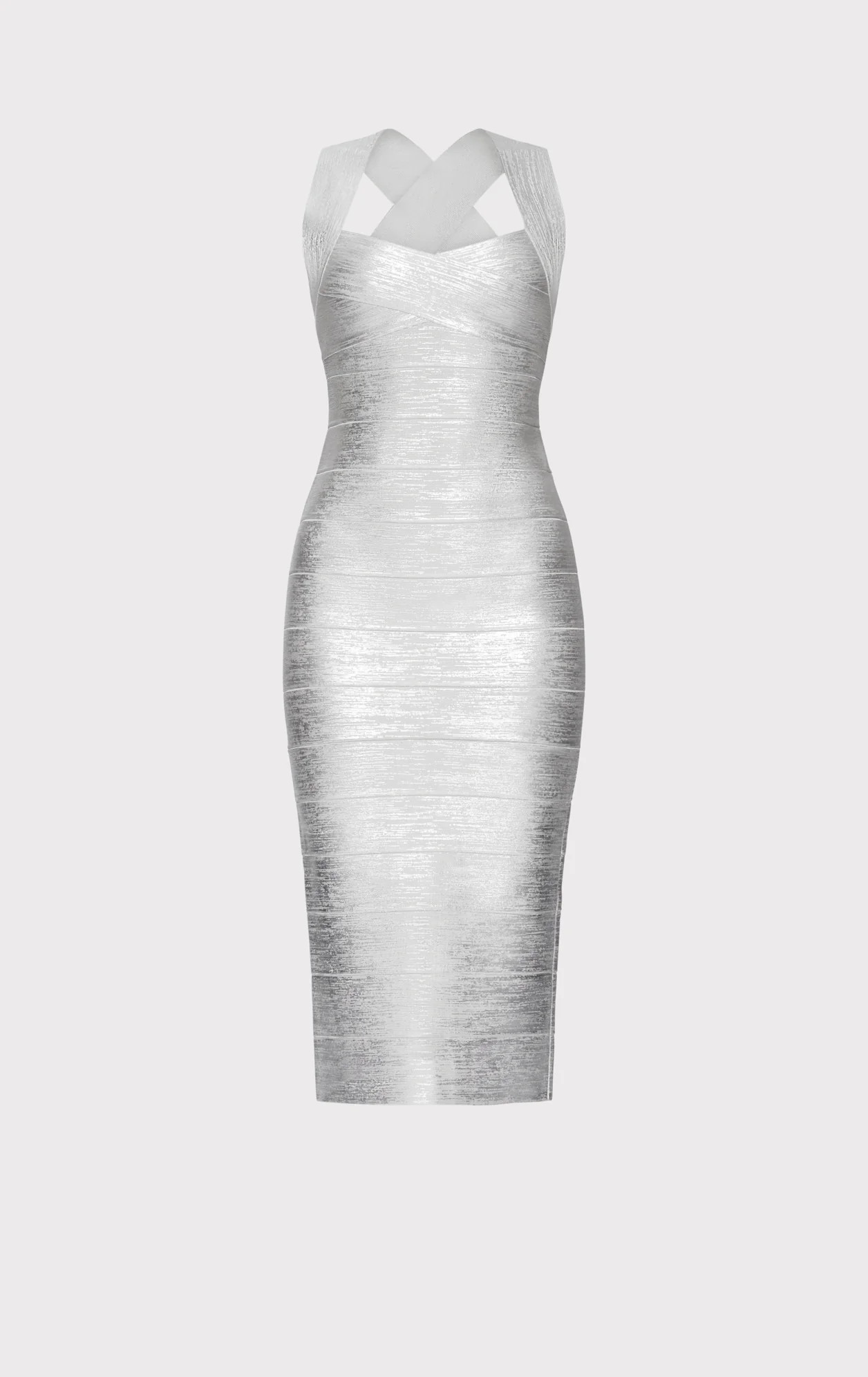 FOIL HALTER X-BACK MIDI DRESS | Herve Leger