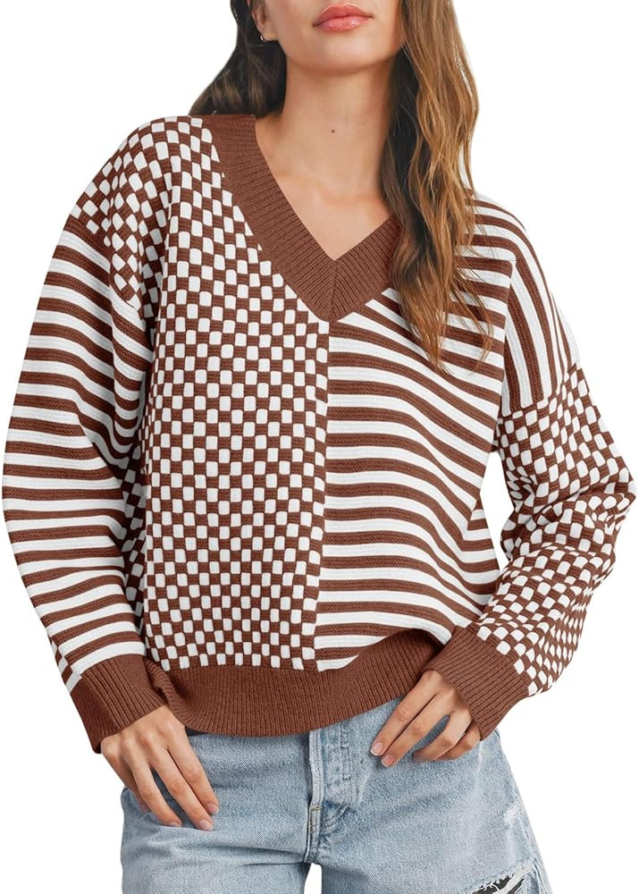 Saodimallsu Womens Checkered Striped Sweater V Neck Long Sleeve 2024 Fall Trendy Loose Knit Cozy ... | Amazon (US)