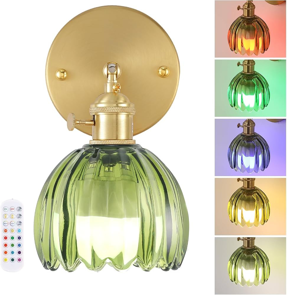 Vintage Battery Operated Wall Sconce with Green Tulip Glass Lampshade Wireless Rechargeable Batte... | Amazon (US)