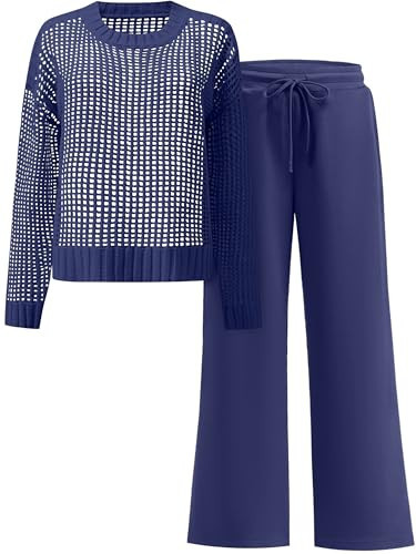 ANRABESS Womens 2 Piece Outfits Crochet Sheer Knit Sweater Top Wide Leg Pants Lounge Set Sweatsuit 2026 Spring Travel Clothes Navy Blue Medium | Amazon (US)
