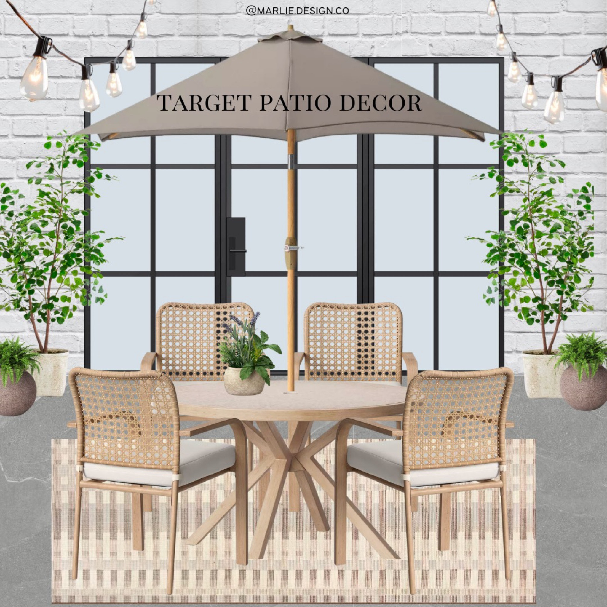 Target Patio Furniture | patio decor | outdoor dining | outdoor entertaining | outdoor table | outdoor chairs | string lights | solar string lights | patio umbrella | cane chairs | outdoor rug | plants | faux plants | faux tree 

#LTKunder100 #LTKSeasonal #LTKsalealert