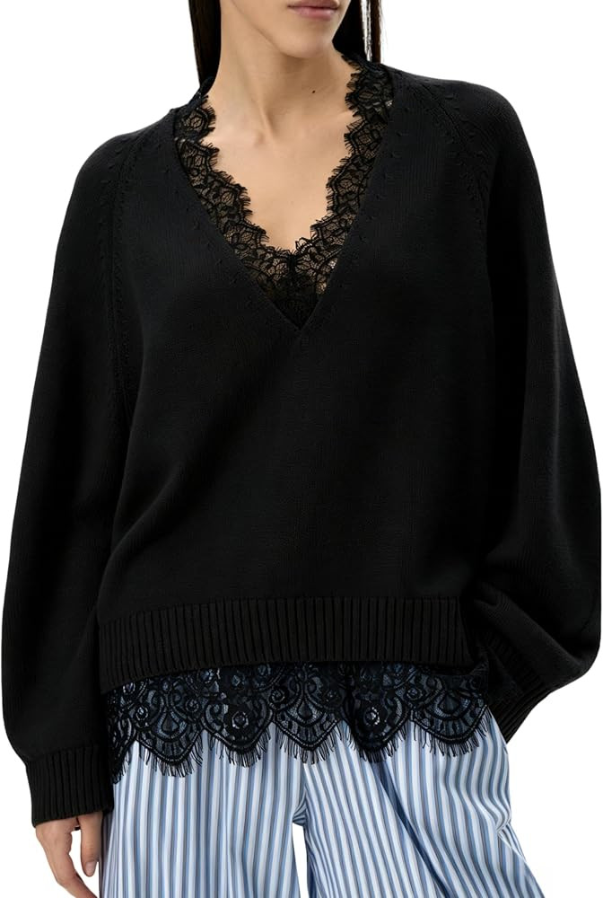 Lentta Women's Lace V Neck 2026 Fall Sweaters Casual Long Sleeve Ribbed Knit Pullover Lightweight... | Amazon (US)