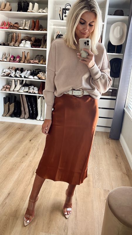Fall work wear outfit amazon finds Free people dupe sweater - size up for oversized fit, wearing M
Skirt is color “mahogany” - wearing a 6, could have done a 4 too 
Go up 1 size in amazon heels 

#LTKunder50 #LTKshoecrush #LTKworkwear