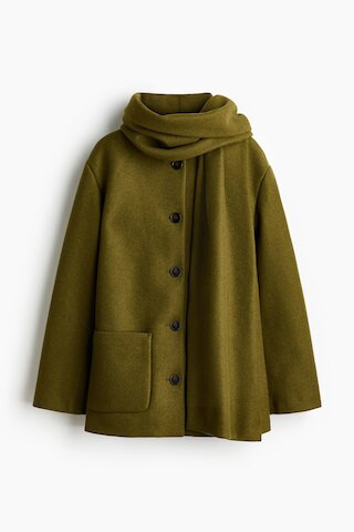 H & M - Scarf-detail coat - Green | H&M (UK, MY, IN, SG, PH, TW, HK)