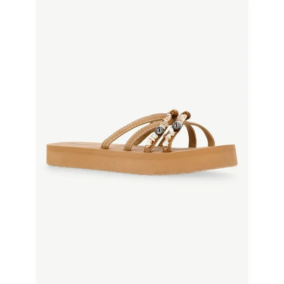No Boundaries Faux Suede Flip Flop Sandals with Shell Embellishments, Women's | Walmart (US)