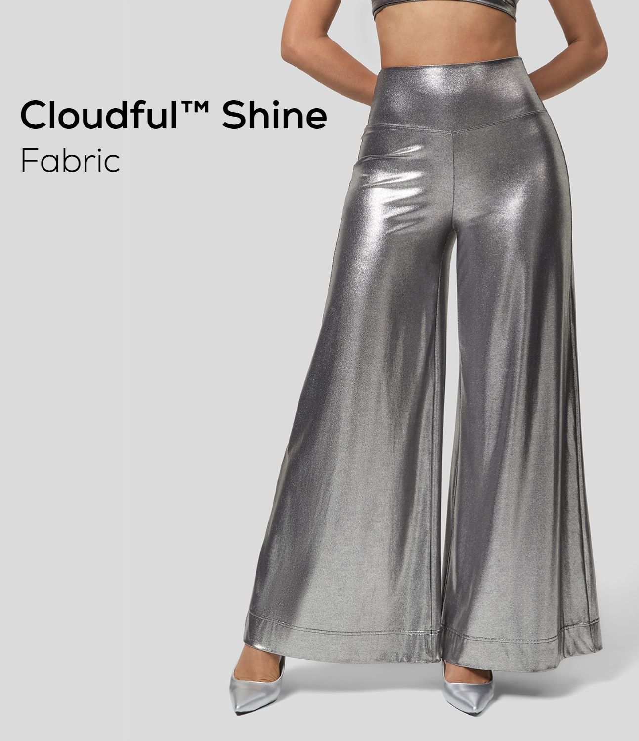 Women’s Cloudful™ Shine Fabric High Waisted Wide Leg Metallic Foil Print Stretchy Party Faux ... | HALARA