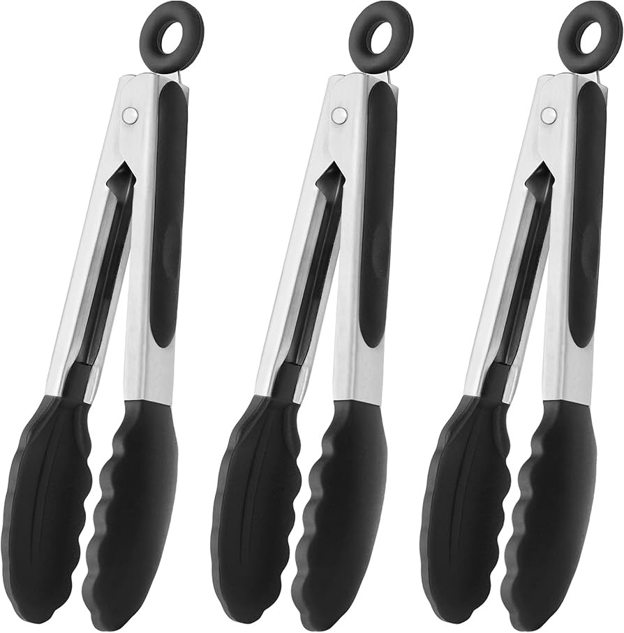 Mini Tongs with Silicone Tips 7-Inch Kitchen Tongs, Set of 3 (Black) | Amazon (US)