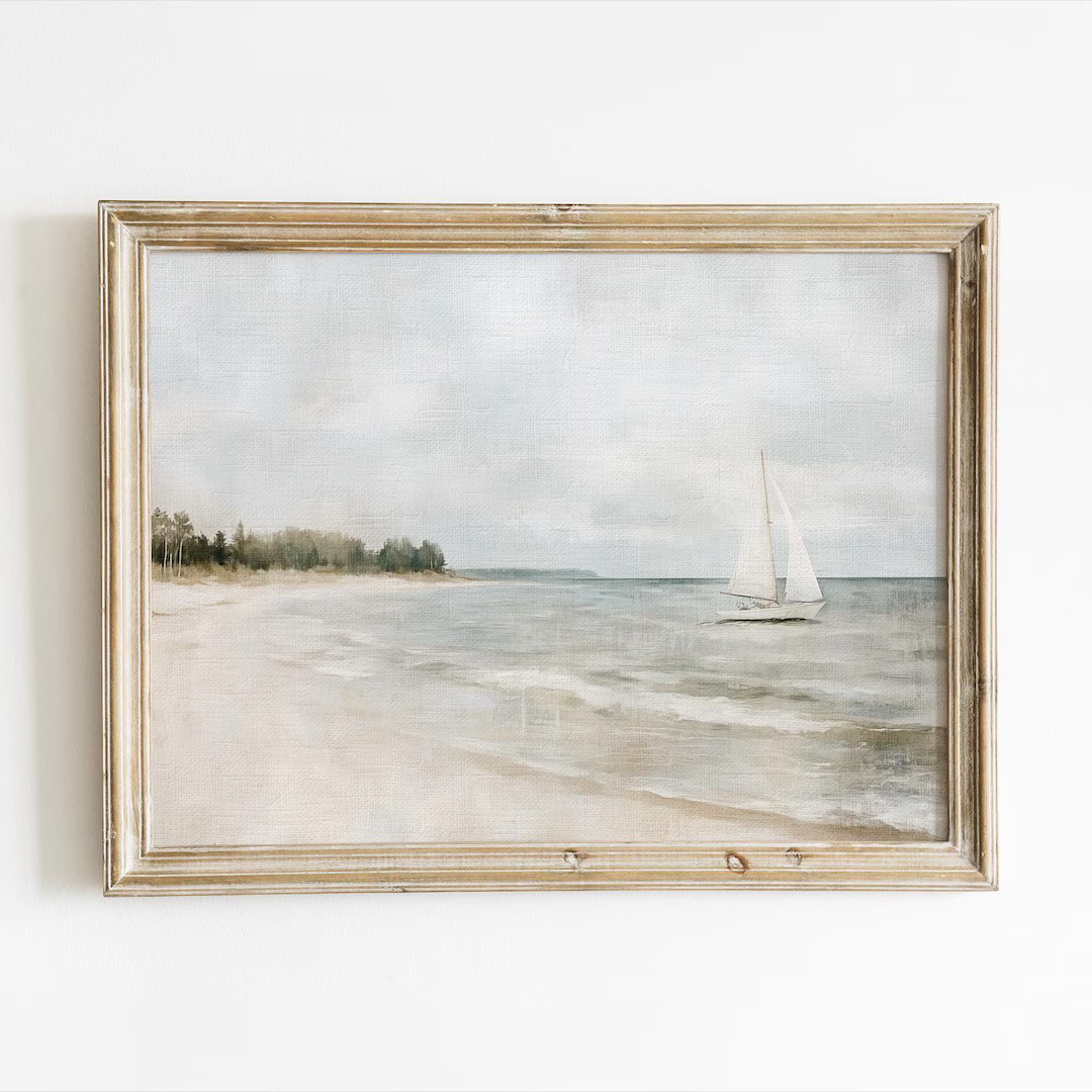 Neutral Coastal Wall Art, Sailboat Ocean Landscape Print, Minimalist Beach Digital Download, Vint... | Etsy (US)