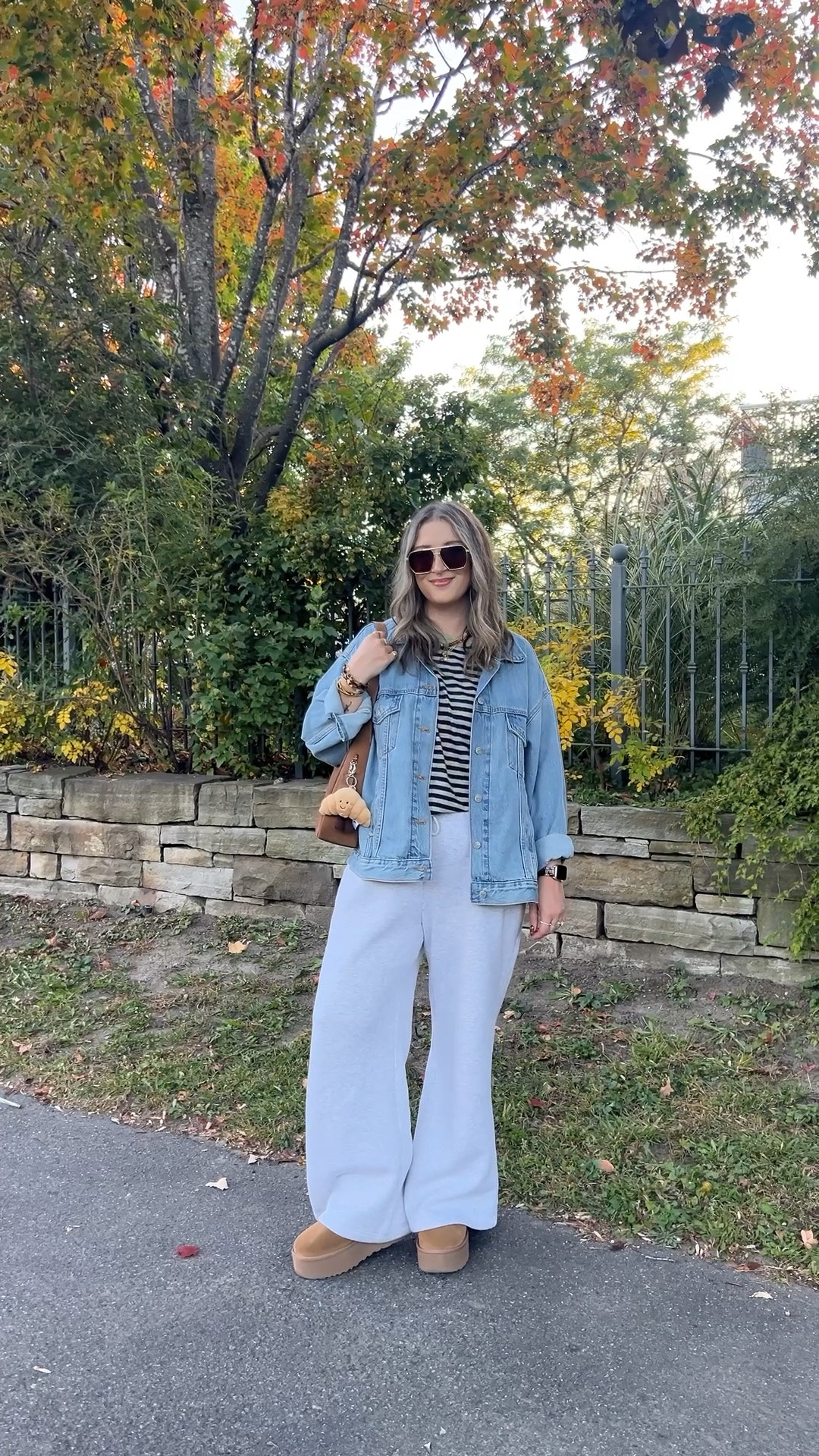Comfy fall outfit! Wearing size L in the sweatpants and striped tee. Sized up to XL in the denim jacket for an oversized fit. I’m a 9.5-10 shoe and wear a 10 in the Uggs

#LTKfall #LTKsale #LTKstyletip