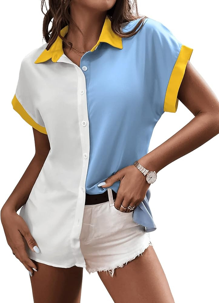 Milumia Women's Graphic Color Block Button Down Shirts Short Sleeve 80s Blouse Top | Amazon (US)