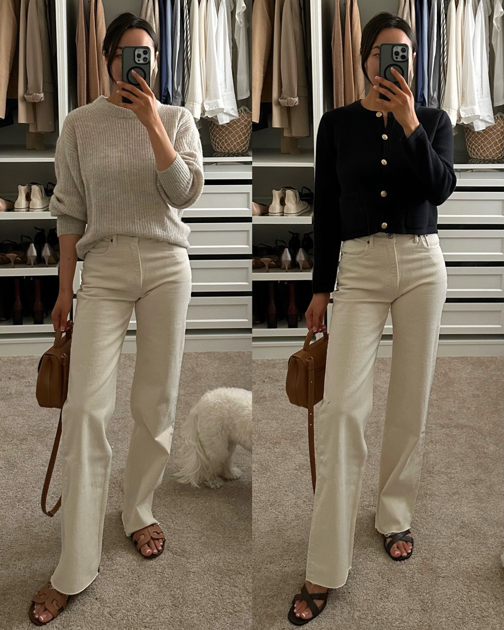 Minimal classic spring outfits / dinner / lunch 

Alpaca Sweater xs Everlane 
Sweater cardigan xs jcrew 
“Bone with raw hem” relaxed jeans 24 reg Abercrombie, sized down in this wash 

#LTKstyletip #LTKSeasonal
