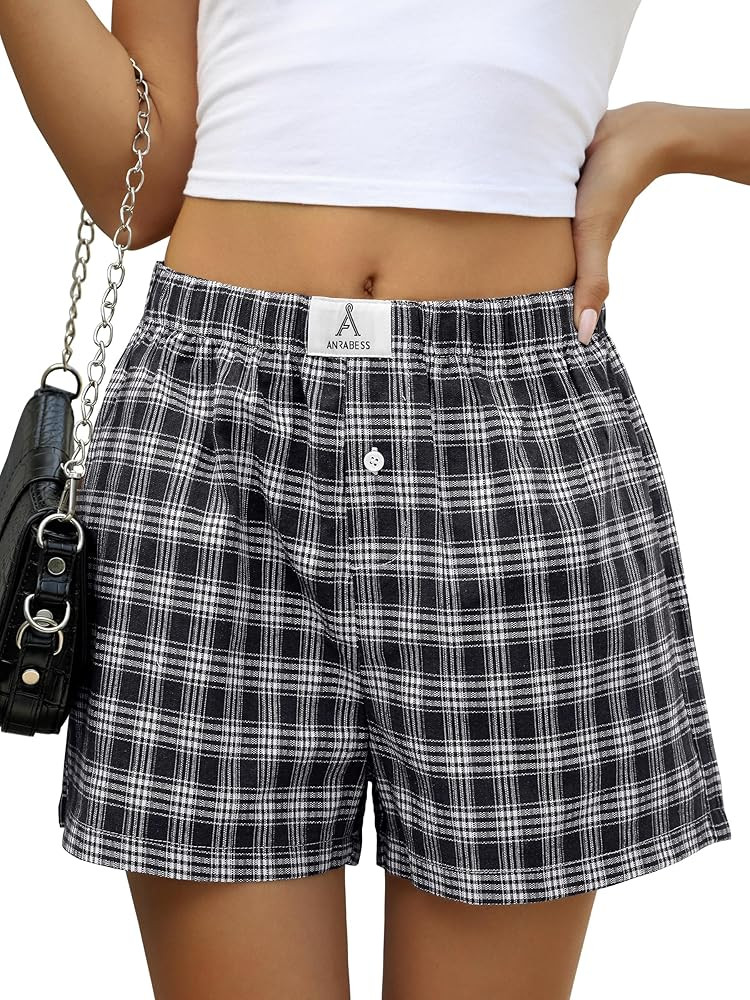 ANRABESS Boxer Shorts for Women Gingham Pajama 2025 Summer Casual Lounge Sleep Plaid Shorts Y2K B... | Amazon (US)