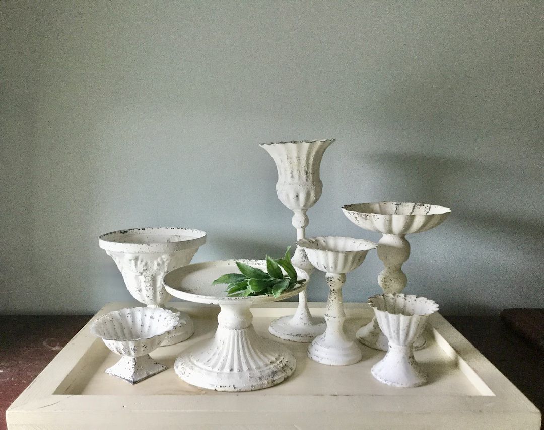 White Pedestal Candle Holder, White Metal Vase, Pillar Holders, Farmhouse Home Decor, Urn, Plant ... | Etsy (US)