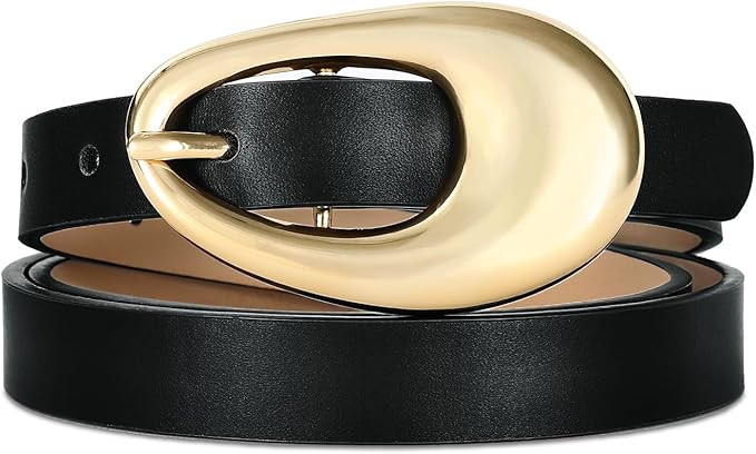 Genuine Leather Belt for Women Black Leather With Smooth Oval Gold Metal Buckle Luxury Casual Fas... | Amazon (US)