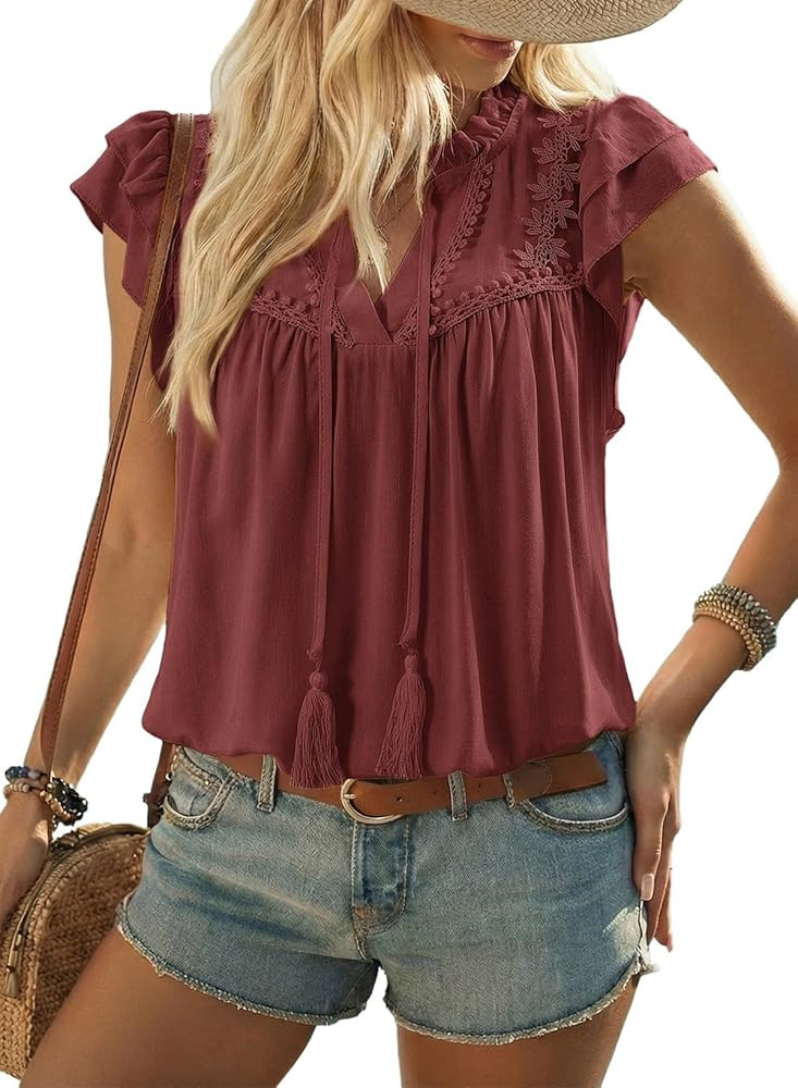 Dokotoo Womens Summer Tops Dressy Casual Ruffle Cap Sleeve Chiffon Blouses Tassel V Neck Lace Emb... | Amazon (US)