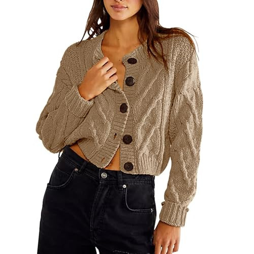 Cable Knit Cropped Cardigan Button Up Long Sleeve Solid Chunky Cardigan Sweaters Sweater Coat for Women (Khaki,Small,Small) | Amazon (US)