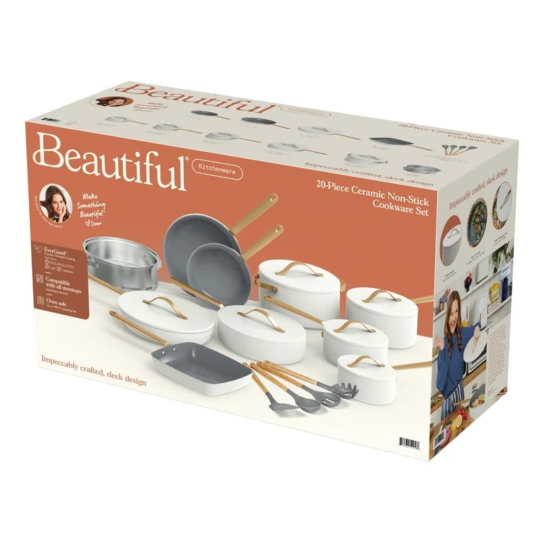 Beautiful 20 Piece Ceramic Non-Stick Cookware Set with Grill Pan, White Icing by Drew Barrymore | Walmart (US)