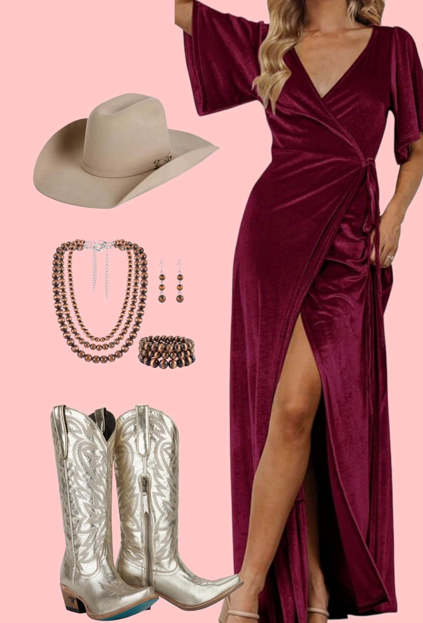A classy holiday look! Wine colored velvet maxi paired with champagne metallic western boots and hat! Gorgeous Christmas party  outfit!

#LTKShoeCrush #LTKHoliday #LTKStyleTip