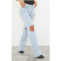 Light Blue Wash Ripped High Waist Straight Leg Jeans | PrettyLittleThing US