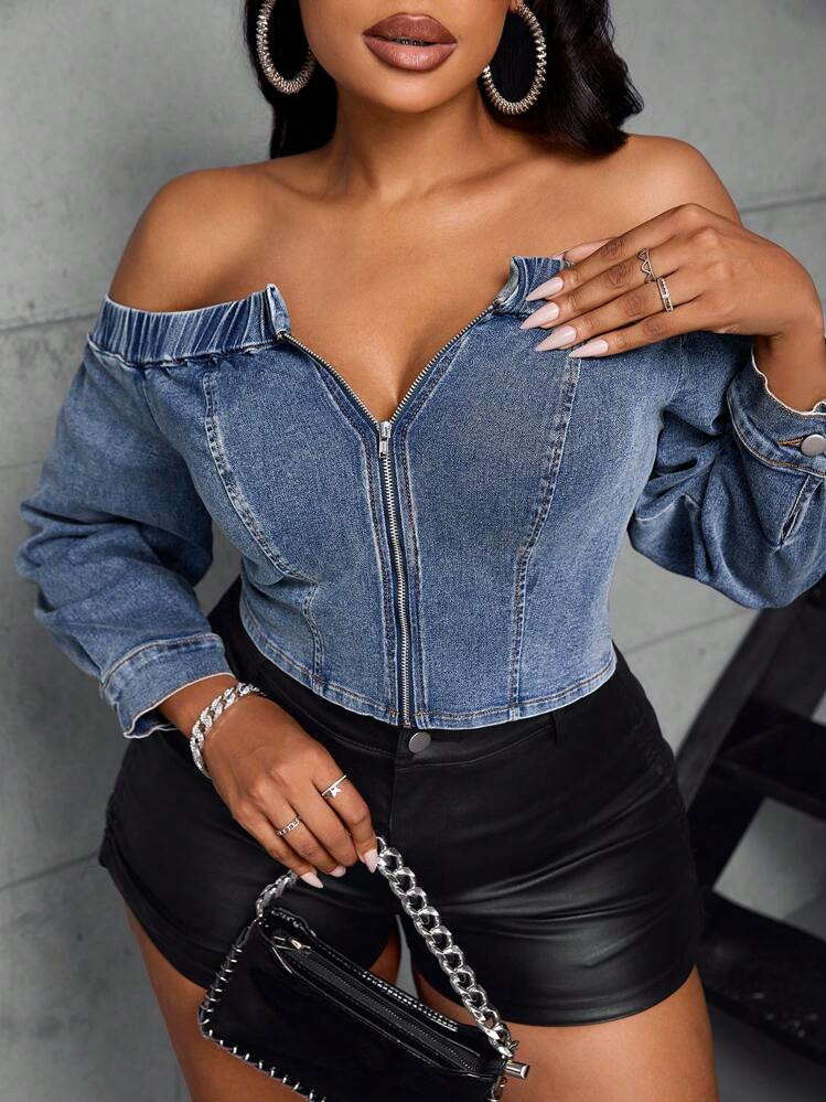 SHEIN SXY Plus Size Solid Color Zipper Off Shoulder Long Sleeve Denim Blouse | SHEIN