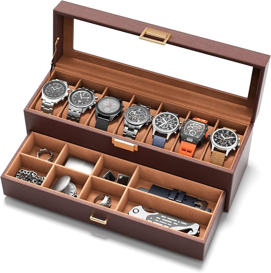 Watch Case Box for Men - 7 SLots Watches Storage Organizer Real-Glass Display Case with Jewelry D... | Amazon (US)