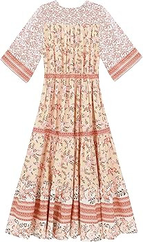 R.Vivimos Women's Summer Cotton Printed Half Sleeve V Neck Flowy Midi Dress | Amazon (US)