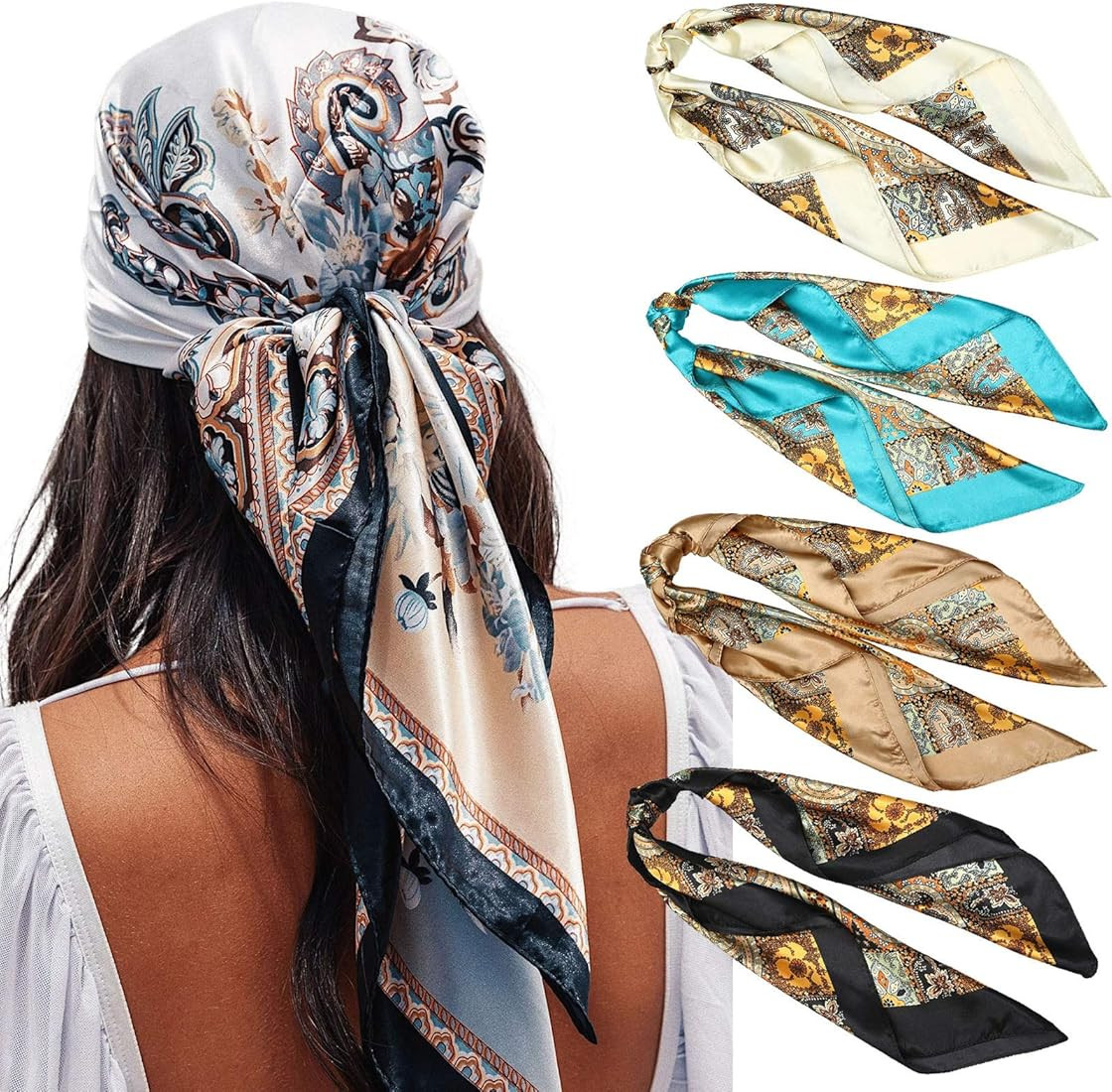 AWAYTR 35” Satin Large Square Head Scarves - 4PCS Silk Like Neck Scarf Hair Sleeping Wraps Sati... | Amazon (US)