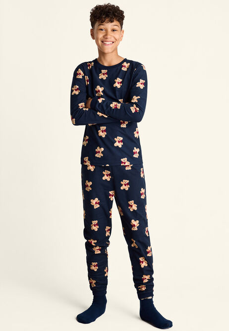 Kids Navy Teddy Print Family Pyjama | Peacocks