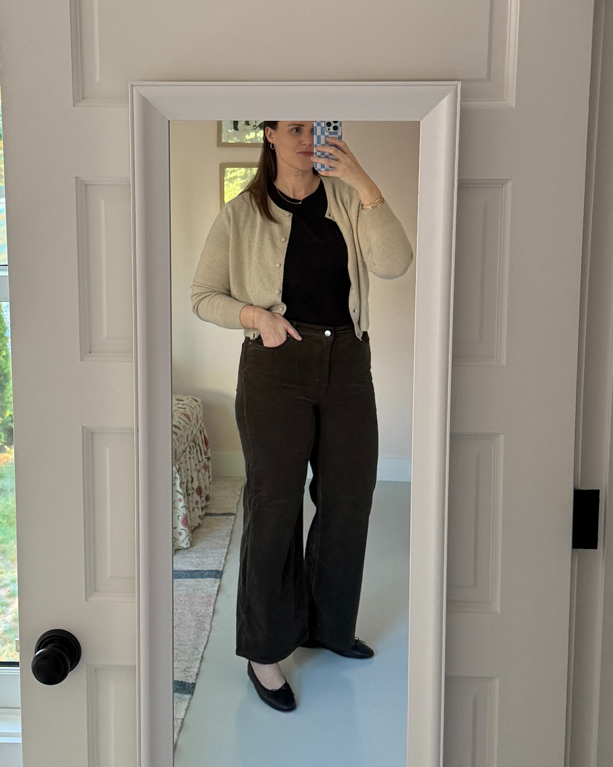 September in Maine casual dinner outfit: green corduroys, tan cashmere cardigan and ballet flats. #classic  

 #LTKSeasonal #LTKMidsize