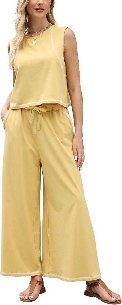 Ynhonra Women\u2019s 2 Piece Lounge Set Sleeveless Tank Top & Wide Leg Pants Contrast Trim Relaxe... | Amazon (US)