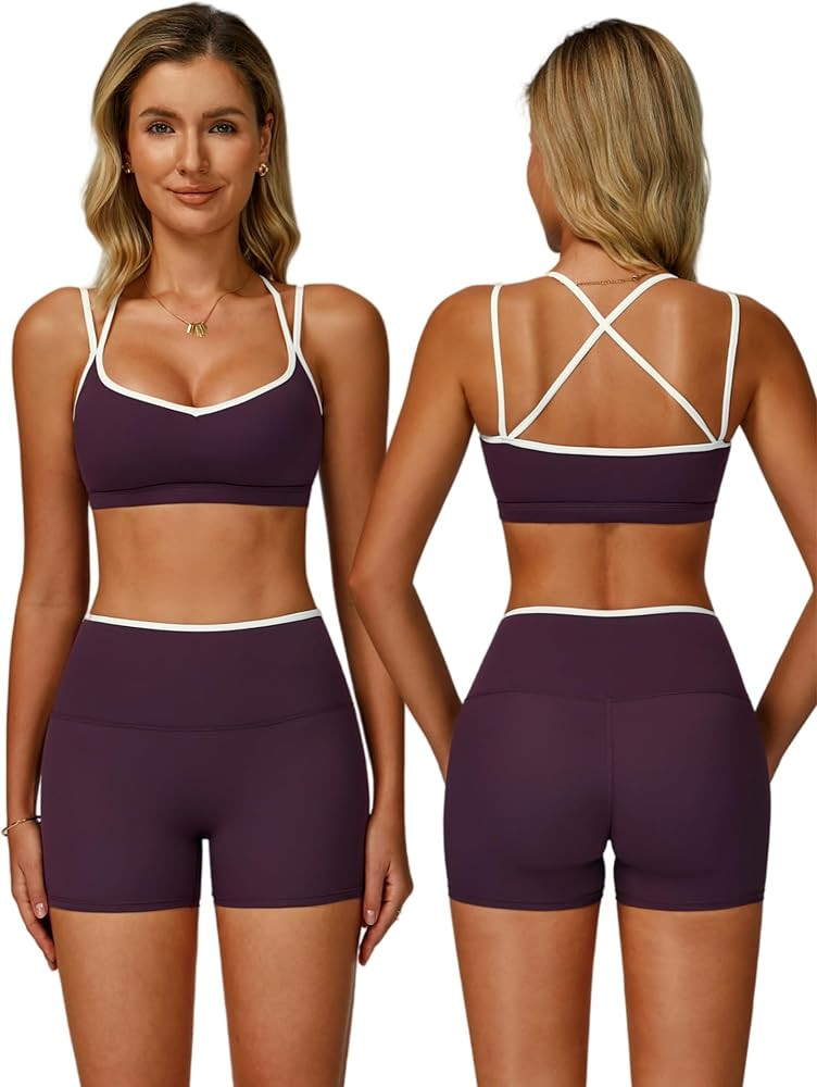 ABOCIW Workout Sets for Women 2 Piece Color Block Strappy Sports Bra High Waist Shorts Gym Yoga P... | Amazon (US)