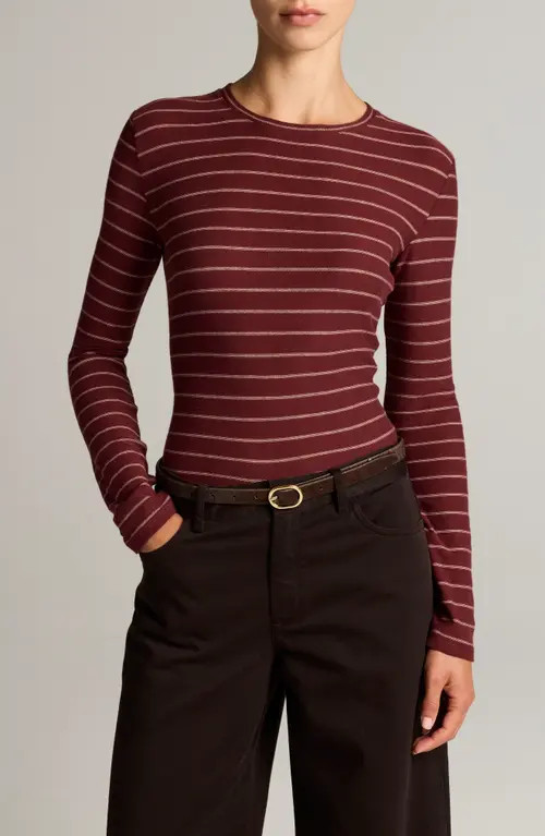 Vince Striped Long Sleeve Cotton Crewneck Top in Black Rose Combo at Nordstrom, Size Large | Nordstrom