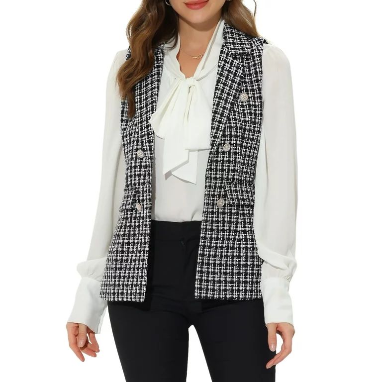 Unique Bargains Women's Plaid Tweed Lapel Open Front Blazer Vest Jacket - Walmart.com | Walmart (US)