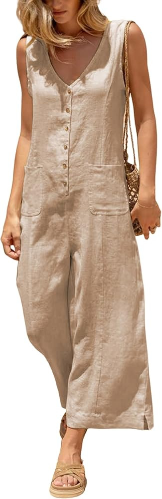Yeokou Women Button Down Jumpsuits Cotton Linen Sleeveless Casual Wide Legs Rompers Loose Overall... | Amazon (US)