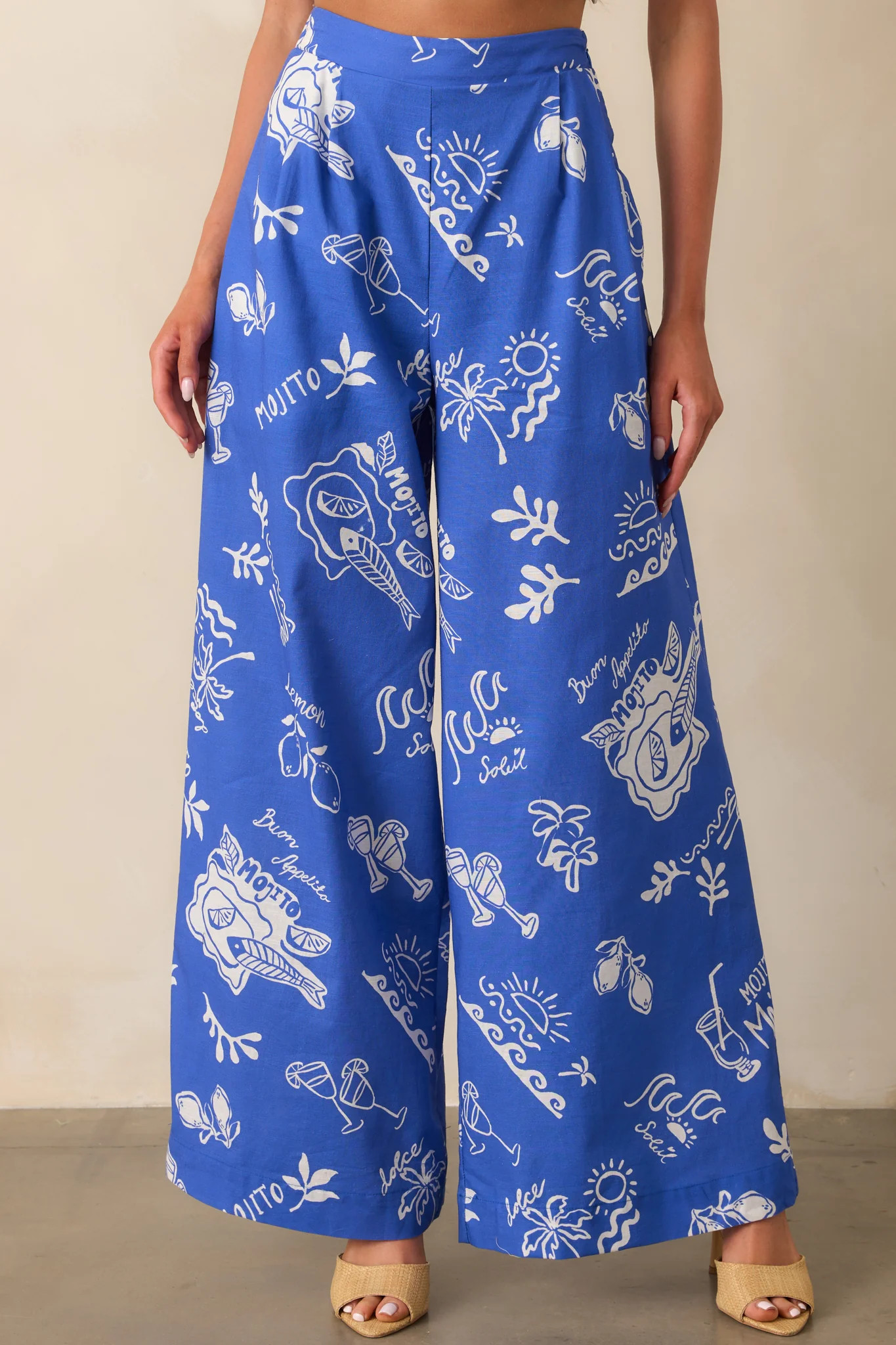 Prosperina Nina Royal Blue Mojito Print Linen Wide Leg Pants | Red Dress