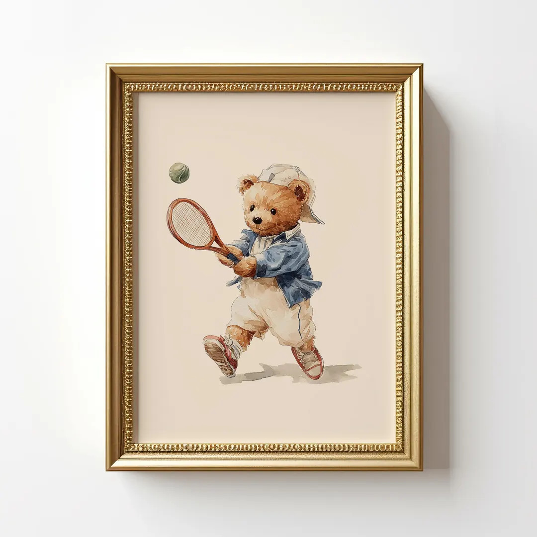 Vintage Tennis Teddy Bear Wall Art, Watercolor Illustration of a Bear Playing Tennis, Retro Decor... | Etsy (US)