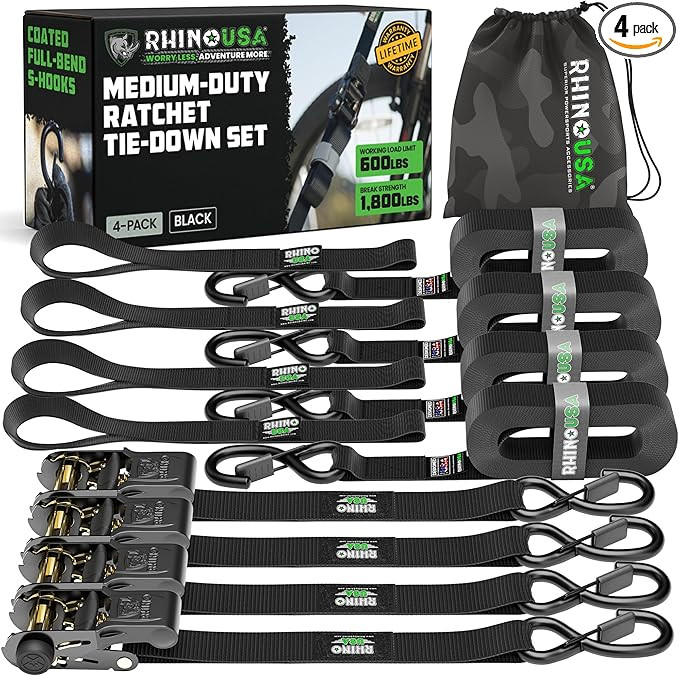 Rhino USA Ratchet Straps Tie Downs (4-Pack) - 1 Inch x 15 Feet (1,823lb Break Strength) - Ultimat... | Amazon (US)