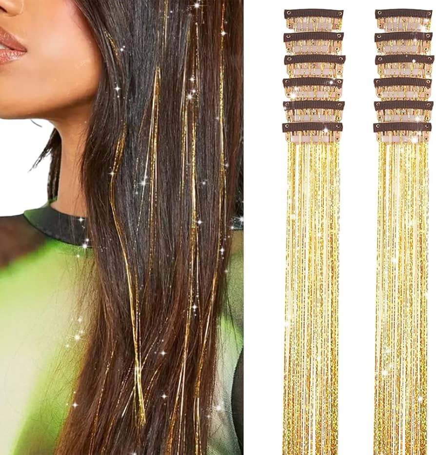 Hair Tinsel Pack of 12 Pcs Clip in Hair Tinsel 20 Inch Golden Glitter Tinsel Hair Extensions, Fes... | Amazon (US)